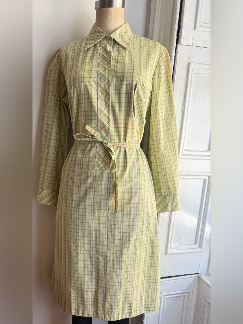 Vintage Button Down Green Plaid Cotton Shirt Dress